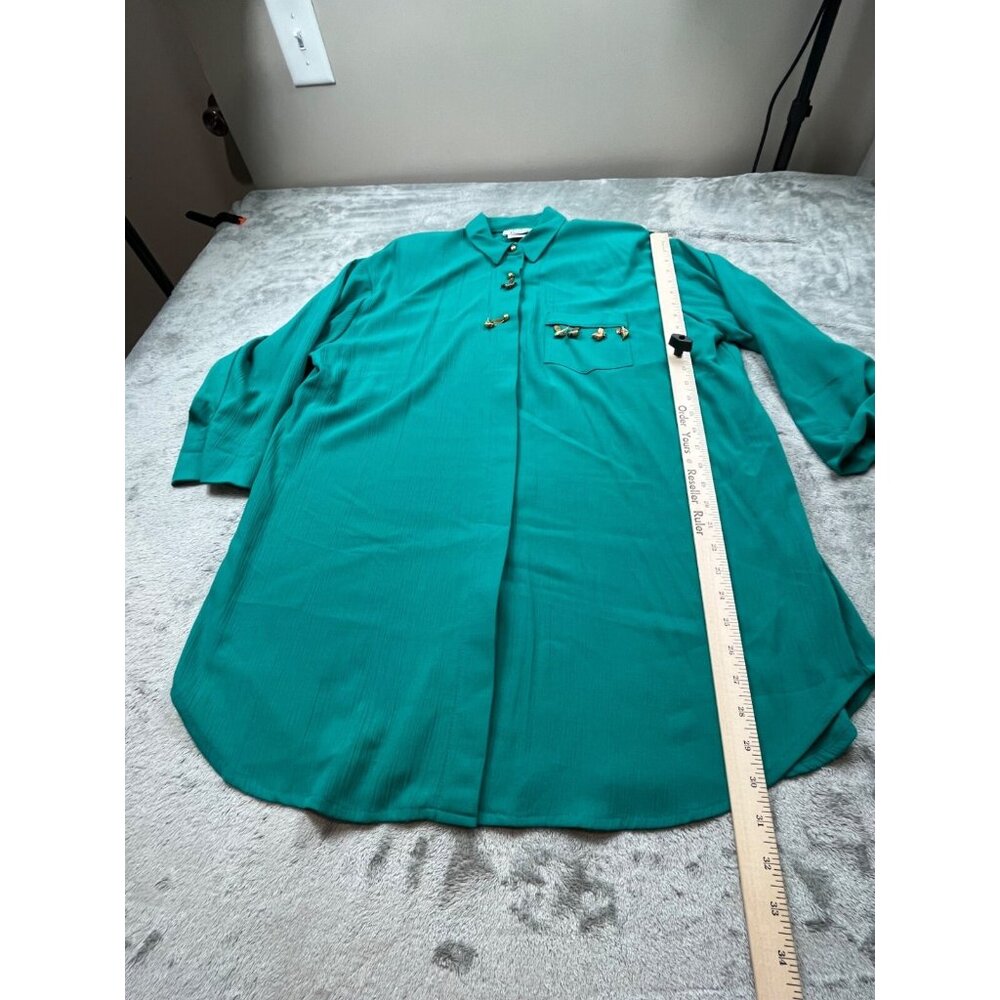 Vintage Niki Danielle Dress Women 14 Turquoise Shirt Dress Bird Brooch USA Made - Picture 6 of 10